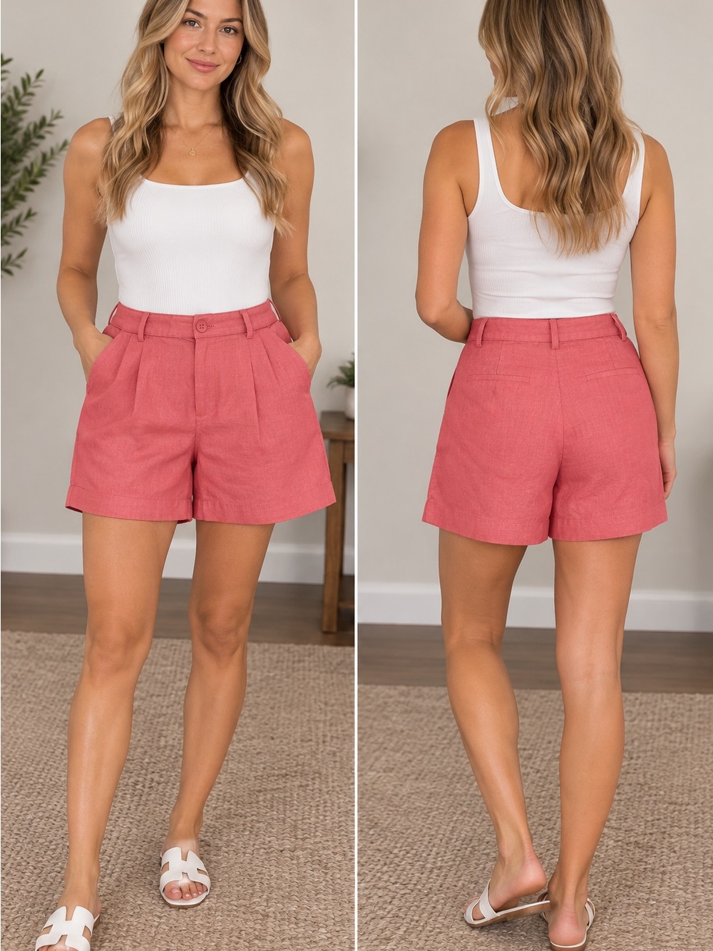 sundays Coral Pink High-Rise Pleated Bermuda Shorts